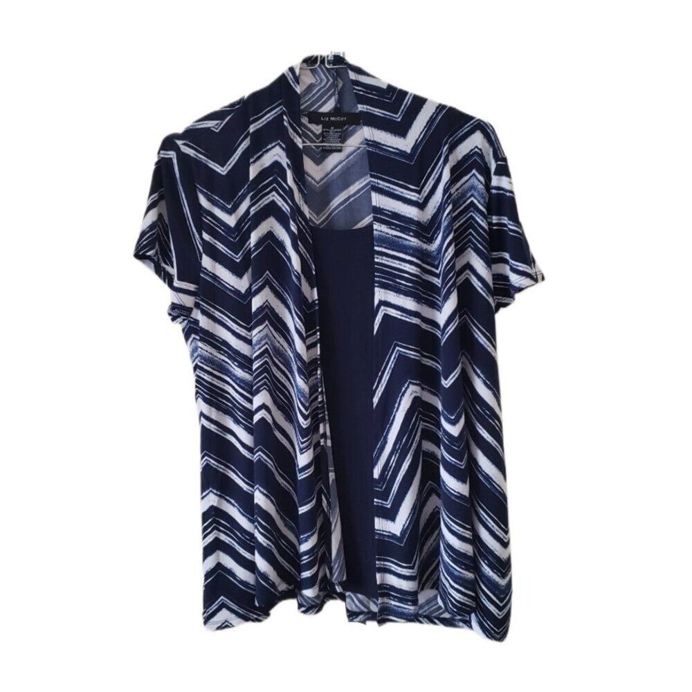 Liz McCoy Blue and White Short Sleeve Blouse with Attached Tank